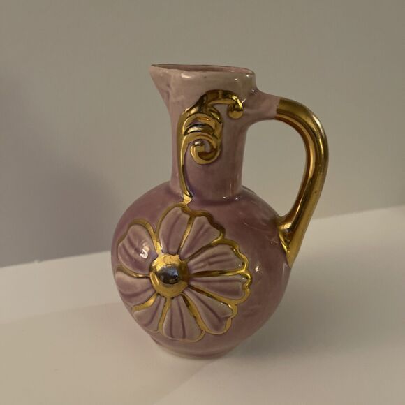 Vintage Ceramic Rose Pink Gold Daisy Small Pitcher - Picture 1 of 5